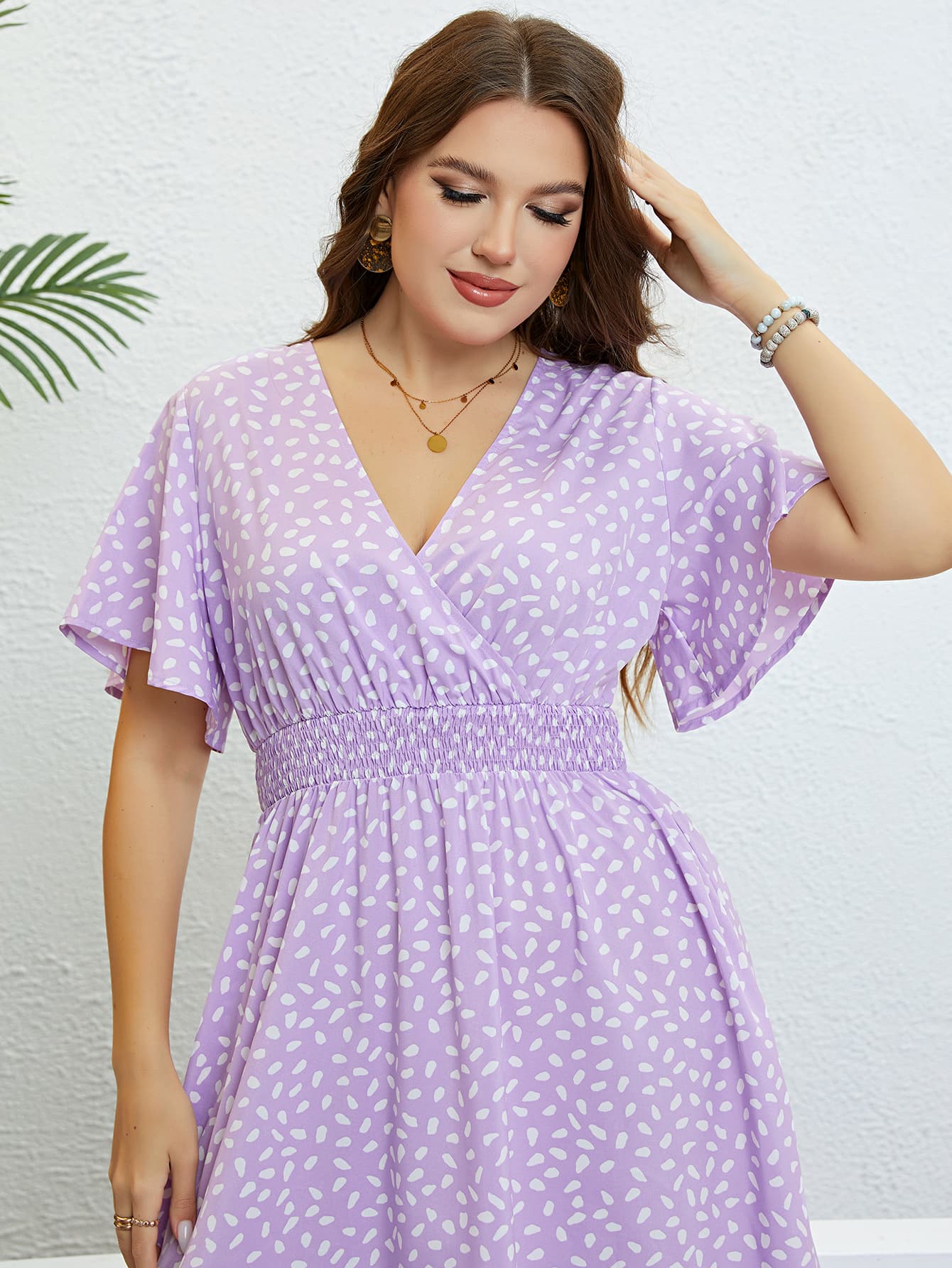 Plus Size Printed Smocked Waist Surplice Dress