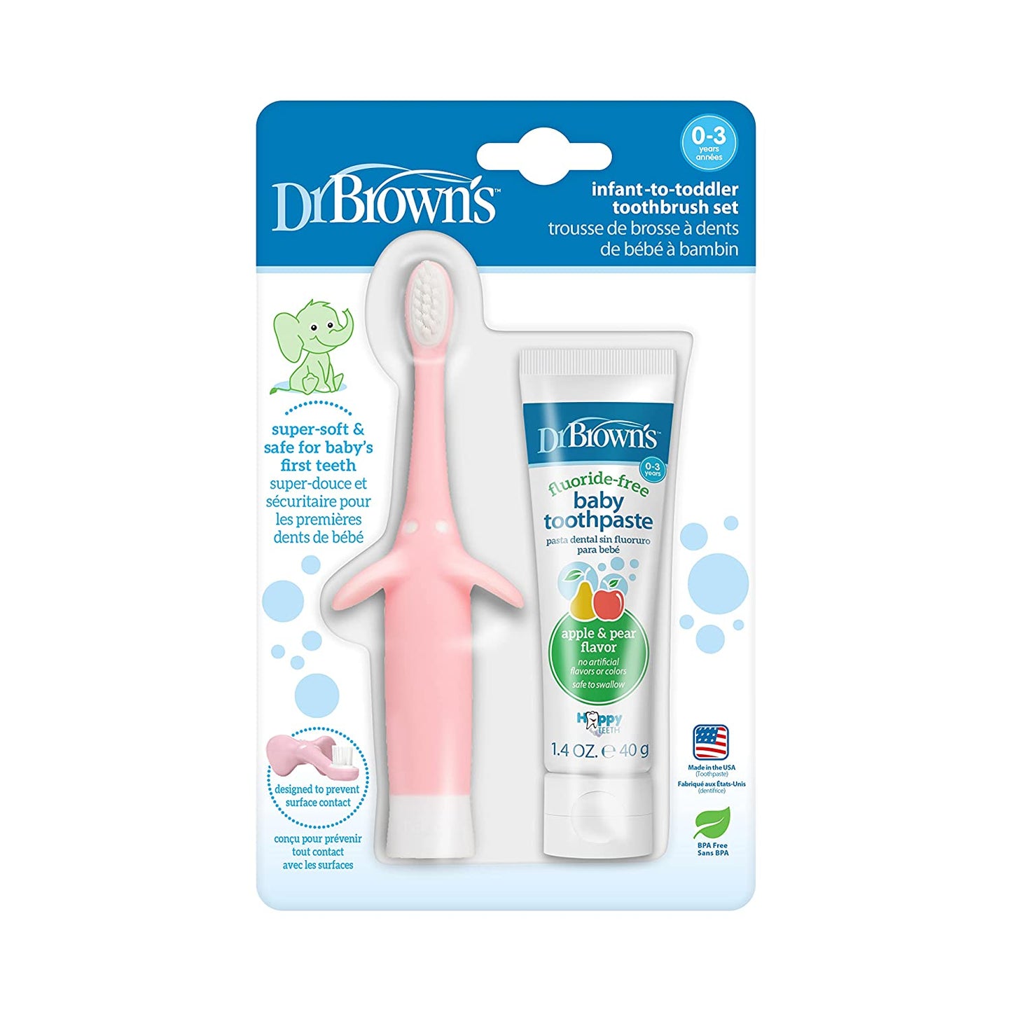 Dr. Brown’S Infant-To-Toddler Training Toothbrush Set (Pink Toothbrush with Fluoride-Free Apple Pear Baby Toothpaste) 0-3 Years