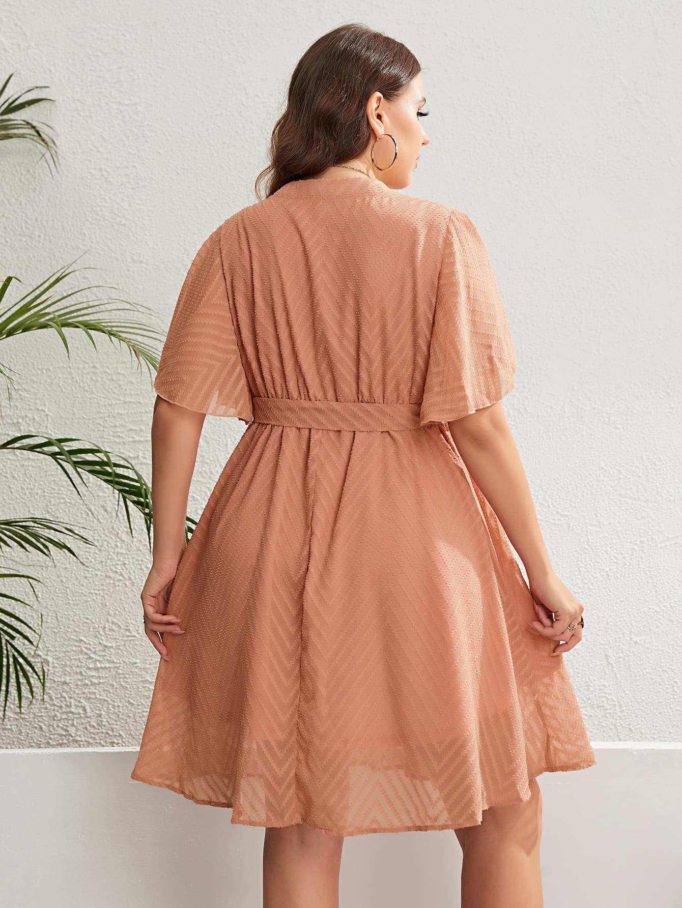 Plus Size Tie Waist Flutter Sleeve Dress