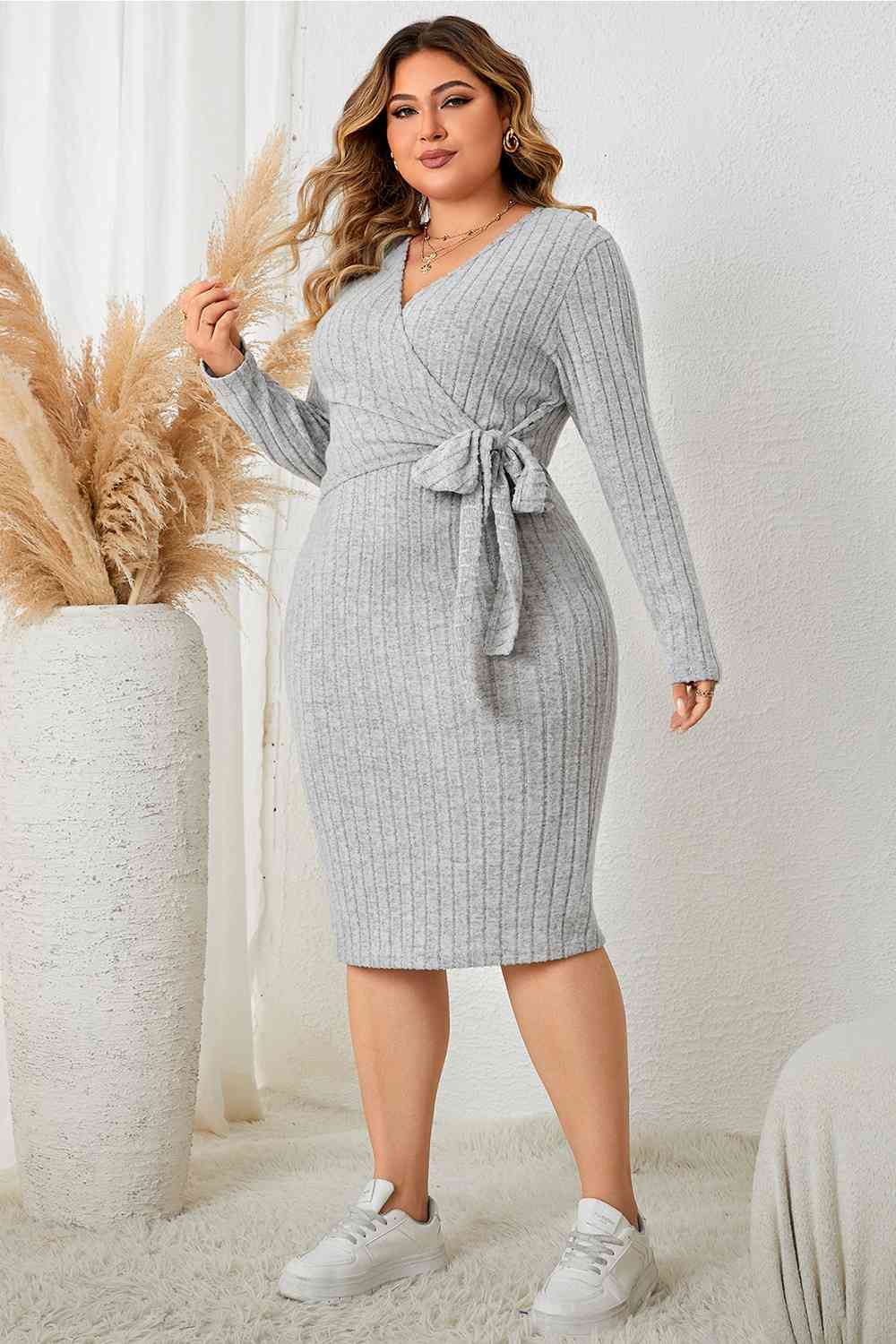 Plus Size Surplice Neck Long Sleeve Slit Dress