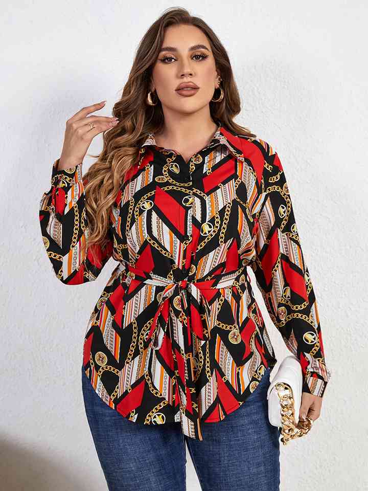 Plus Size Printed Collared Neck Tie Waist Long Sleeve Shirt