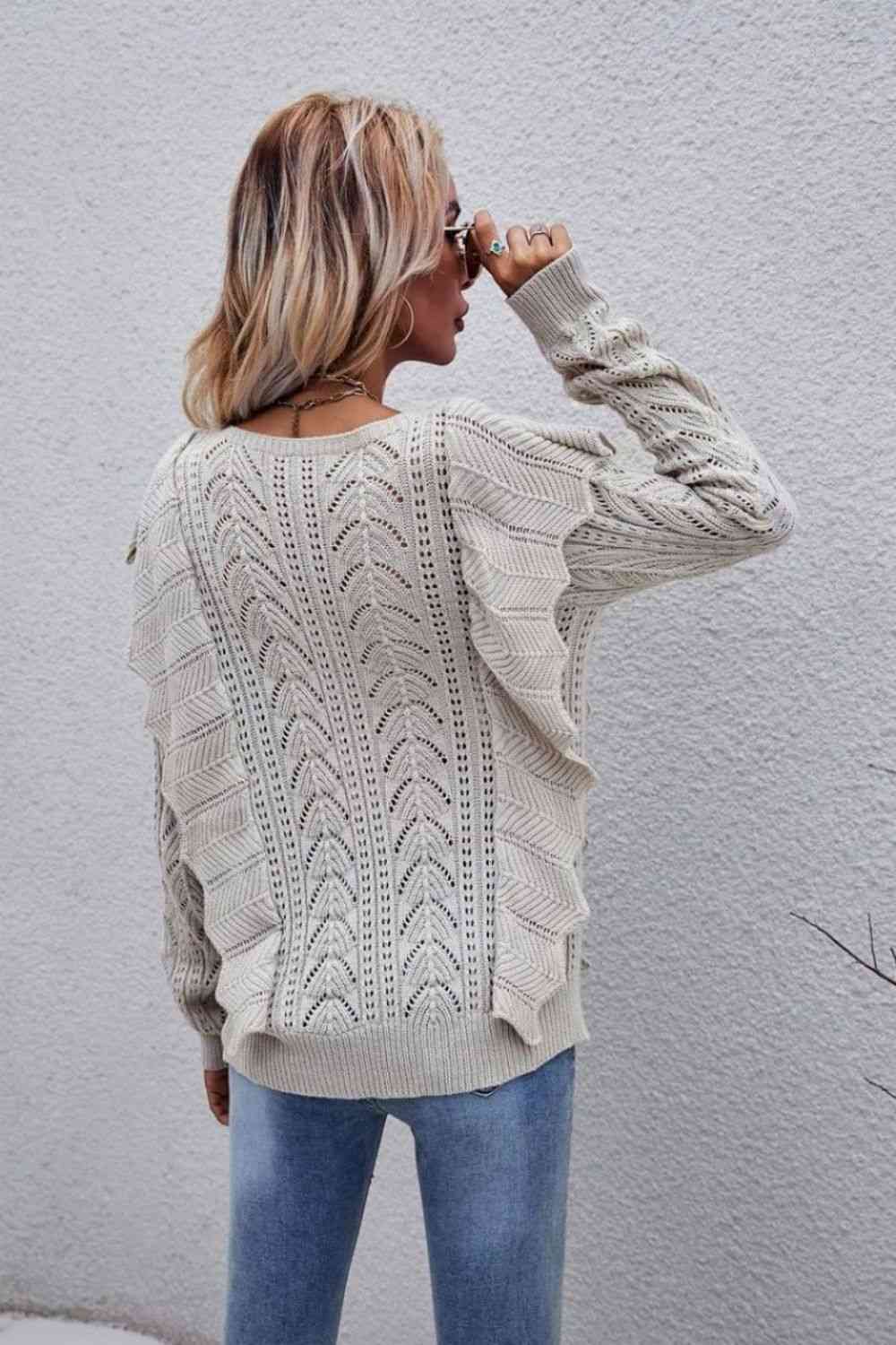 Openwork Round Neck Ruffled Sweater