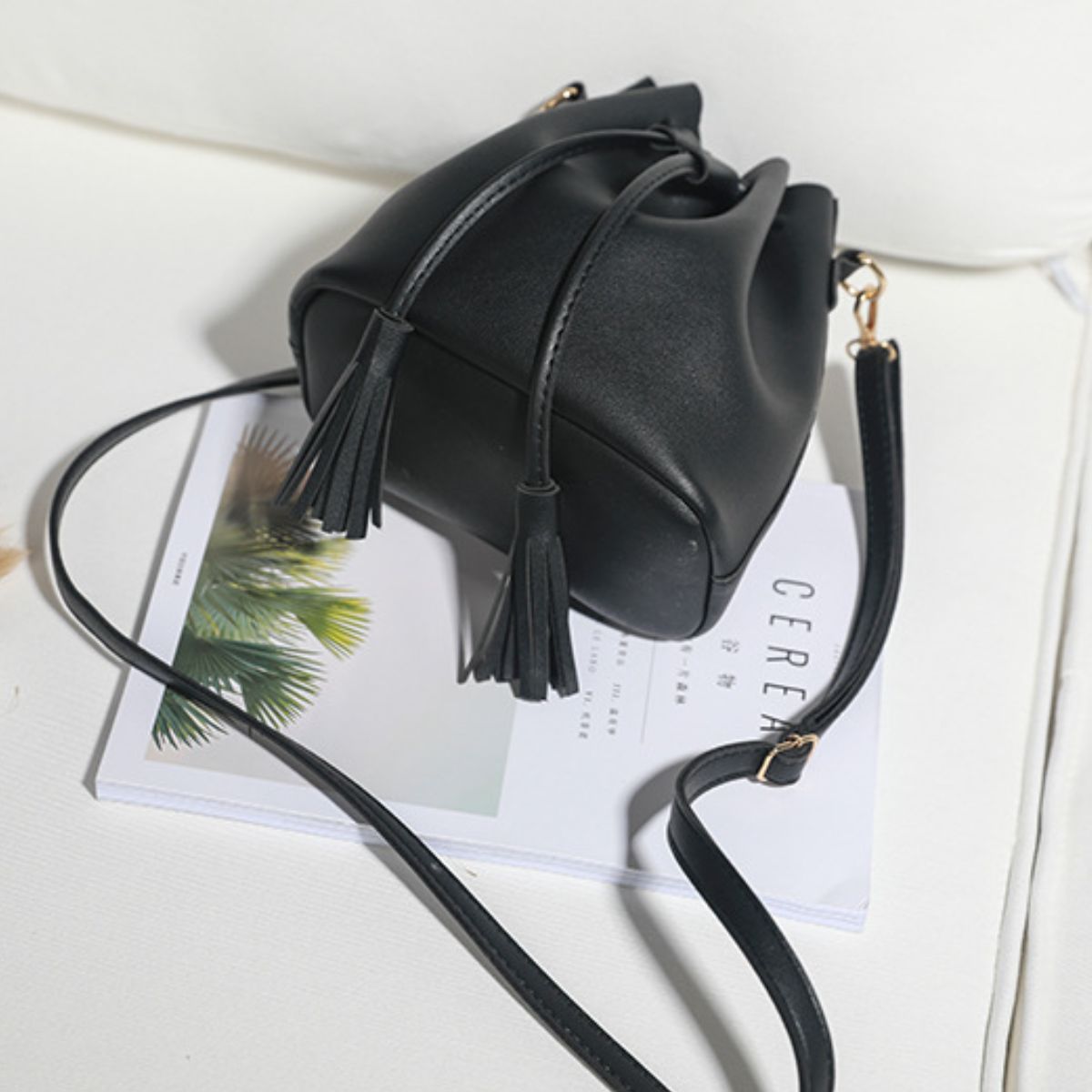 Vegan Leather Bucket Bag with Tassel