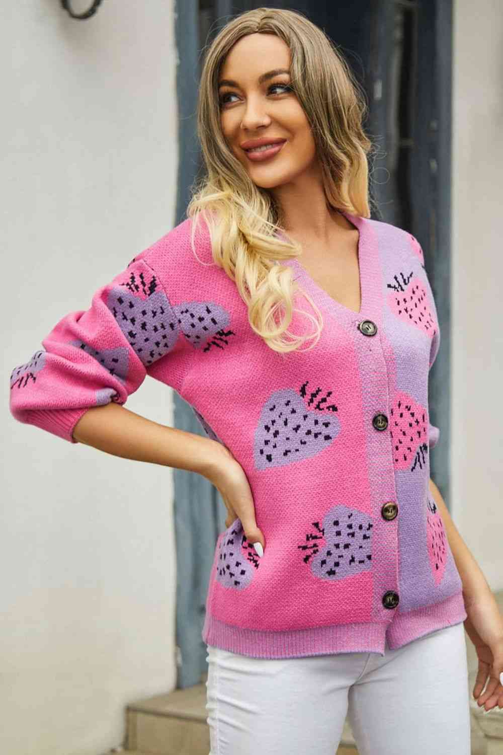 Printed V-Neck Button-Down Long Sleeve Cardigan