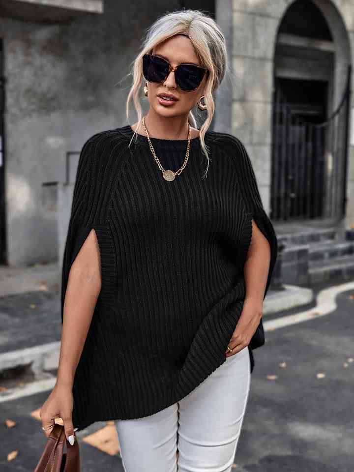 Ribbed Round Neck Slit Sleeve Knit Top