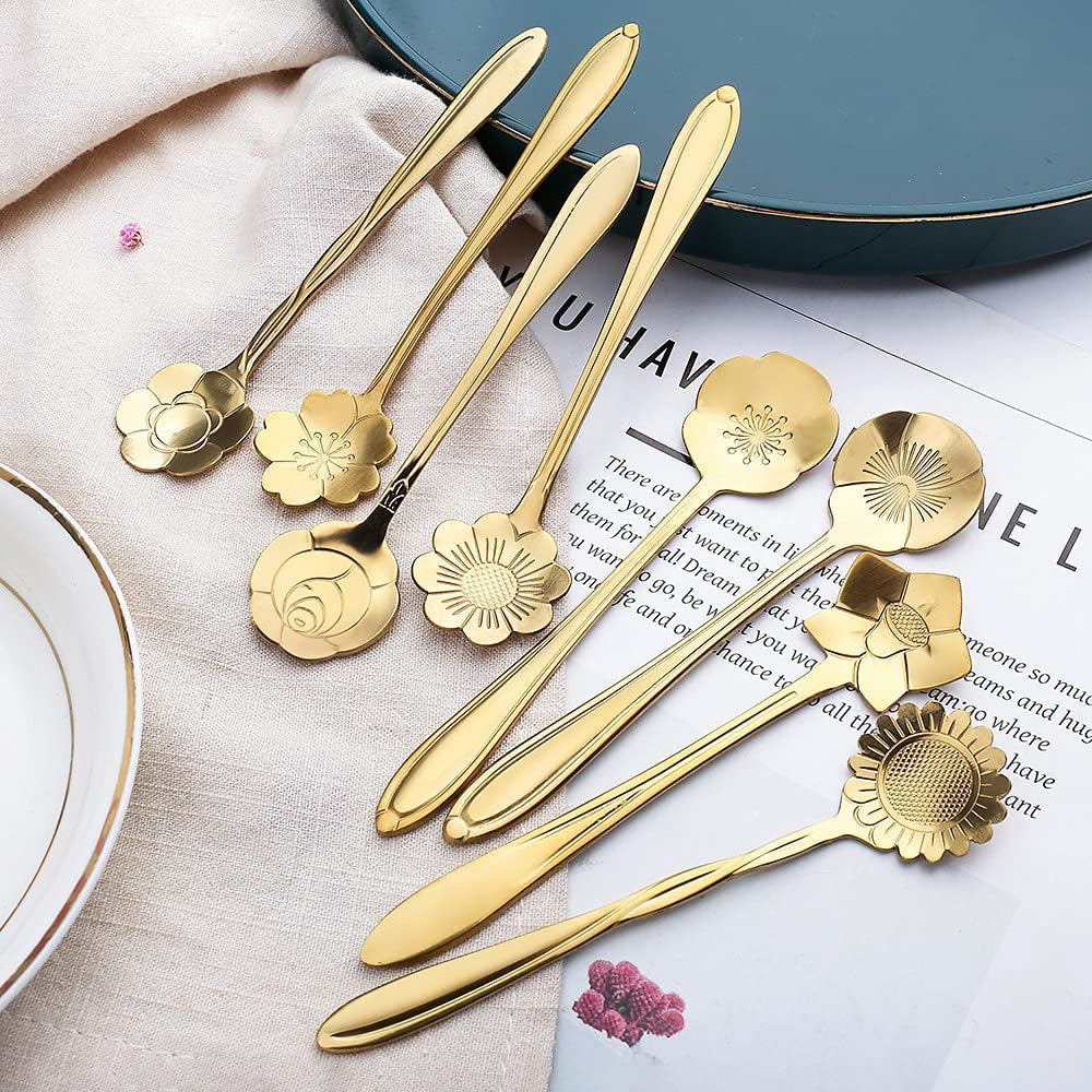 8 Piece Gold Flower Teaspoon  Set 