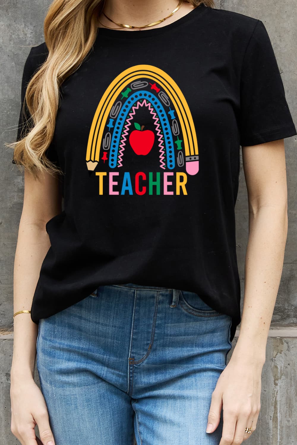 Simply Love TEACHER Rainbow Graphic Tee