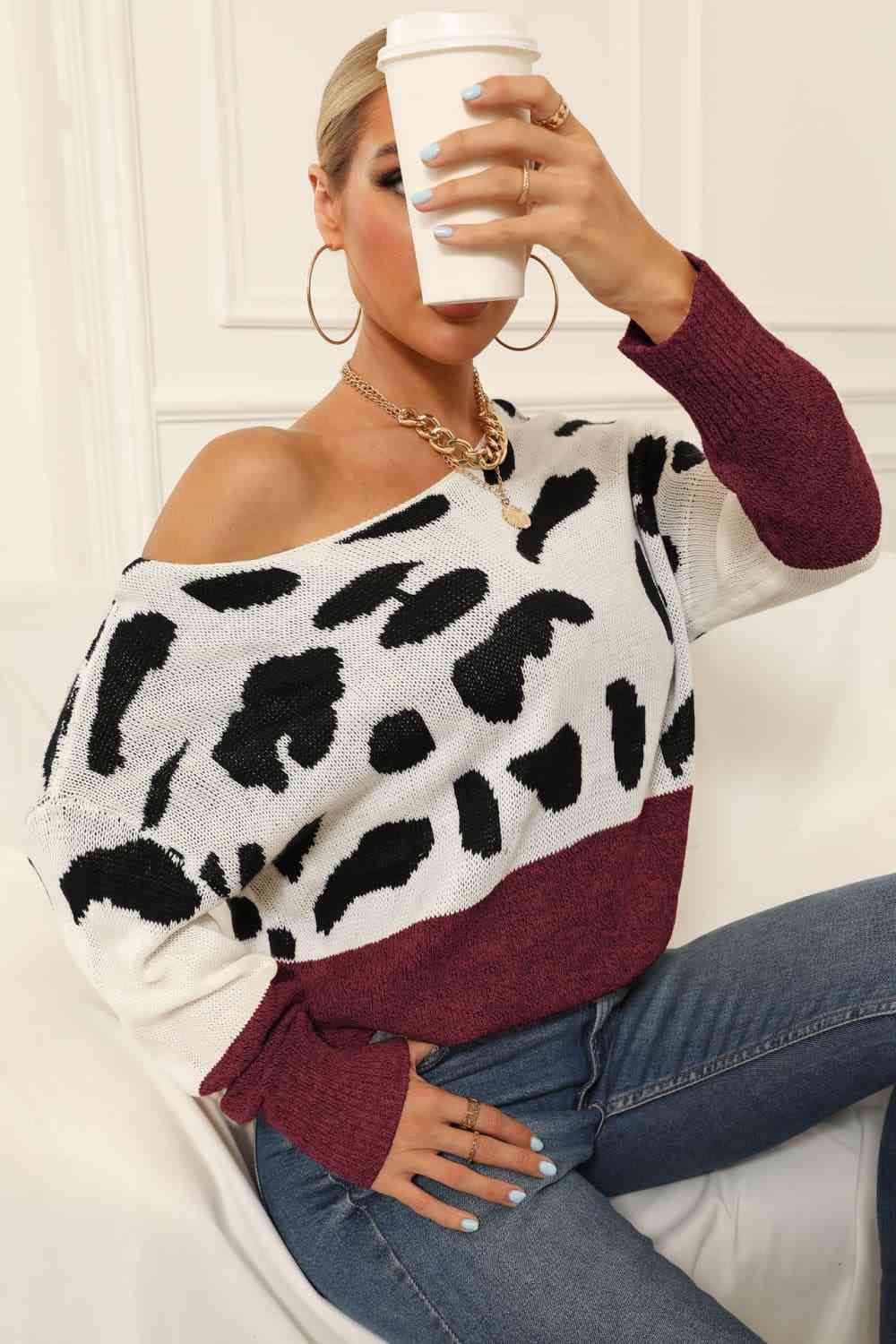 Full Size Two-Tone Boat Neck Sweater