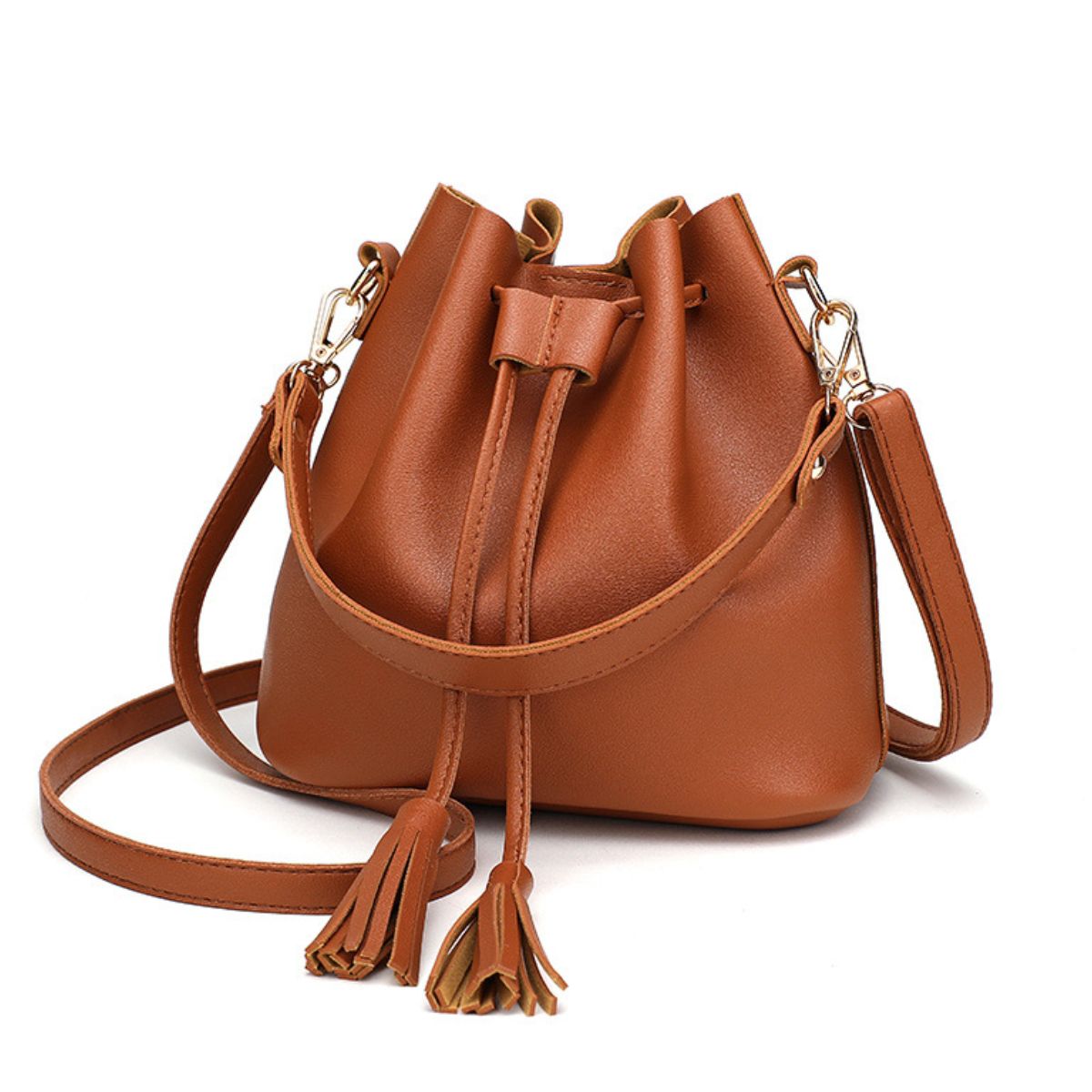 Vegan Leather Bucket Bag with Tassel