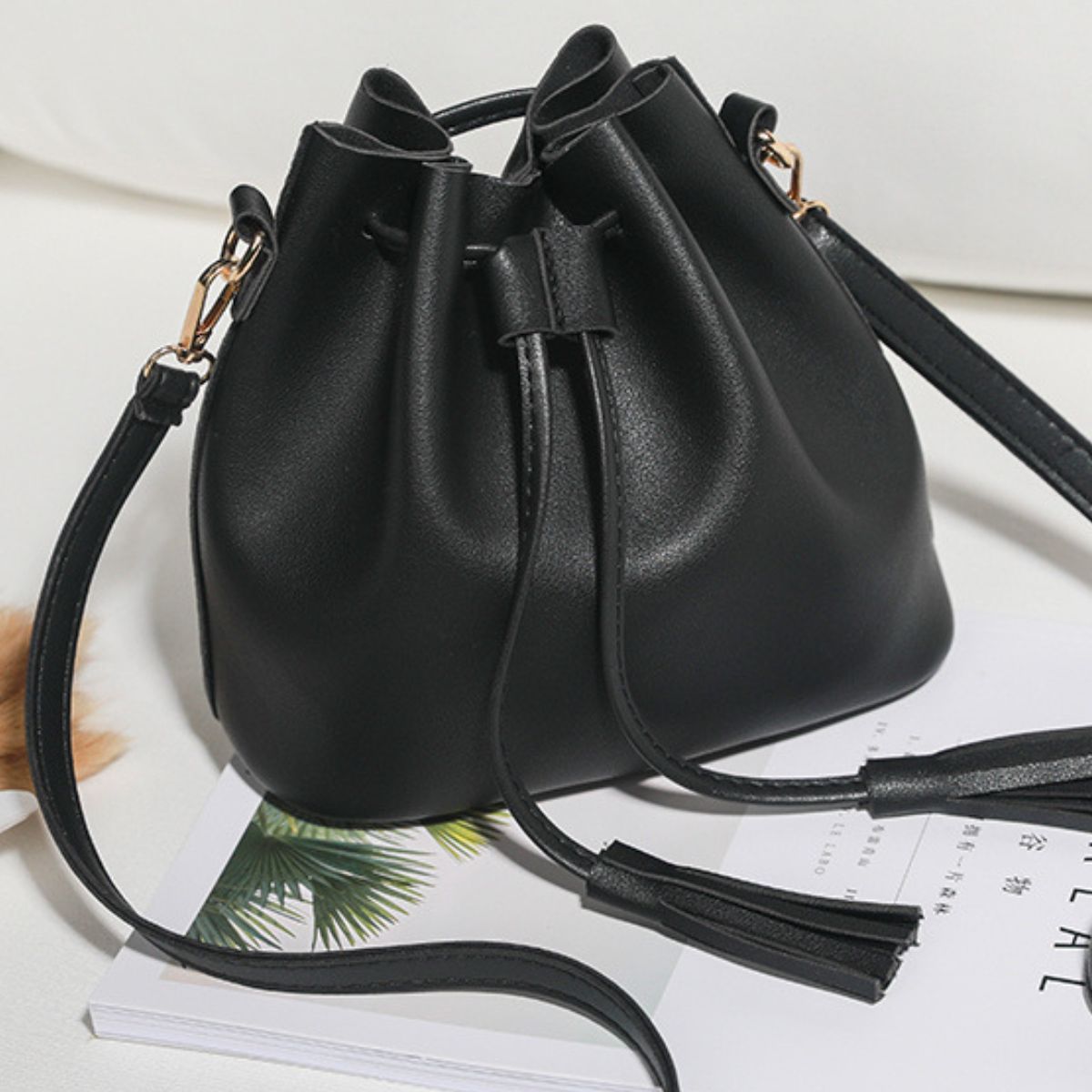 Vegan Leather Bucket Bag with Tassel