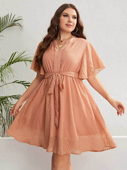 Plus Size Tie Waist Flutter Sleeve Dress