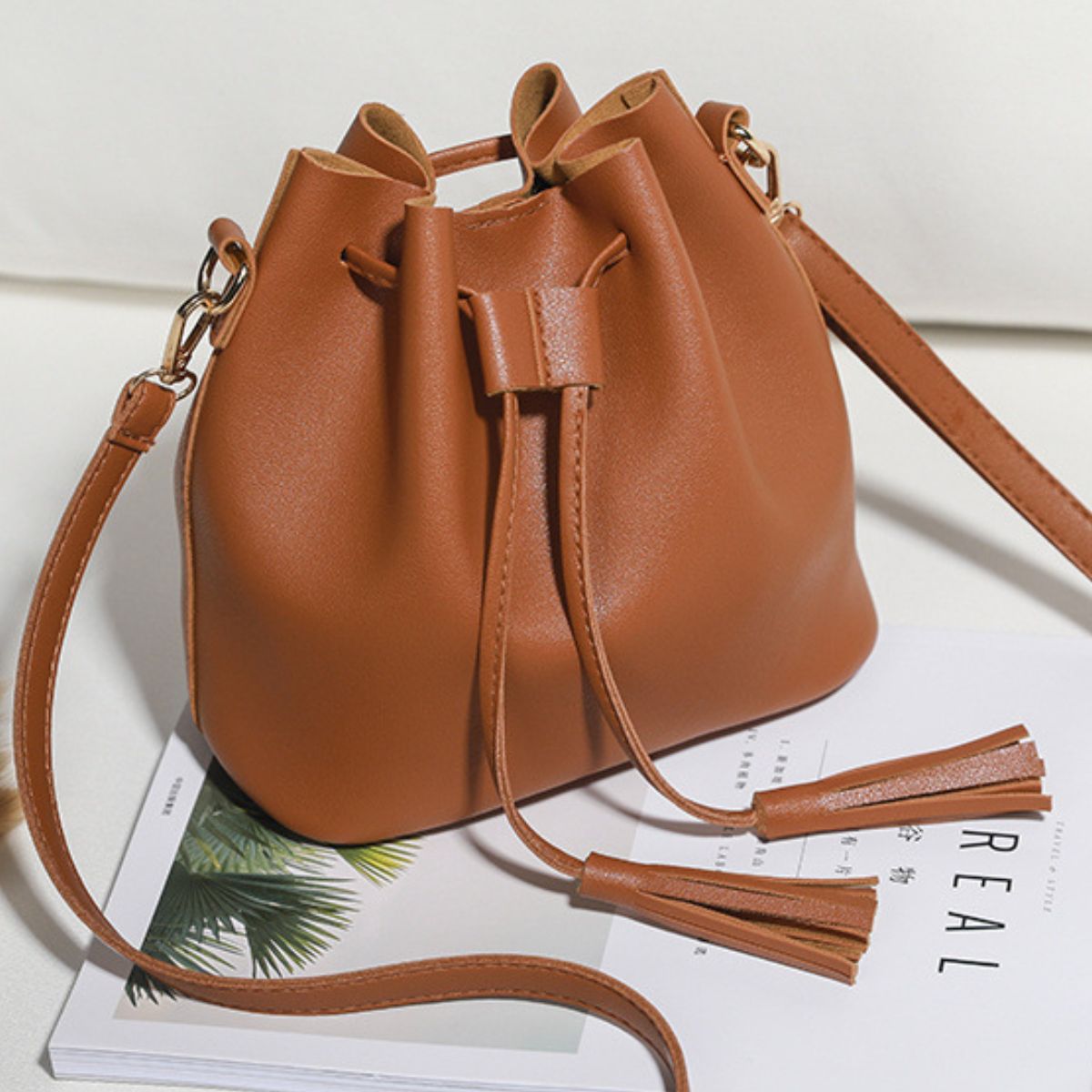 Vegan Leather Bucket Bag with Tassel