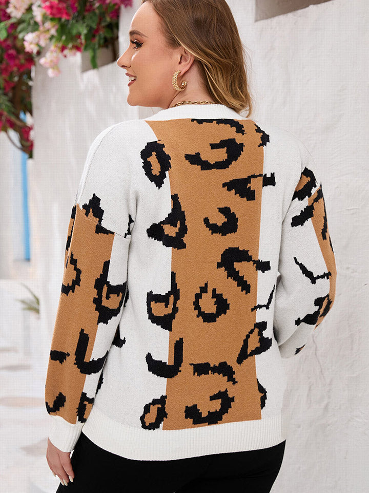 Plus Size Printed V-Neck Long Sleeve Sweater