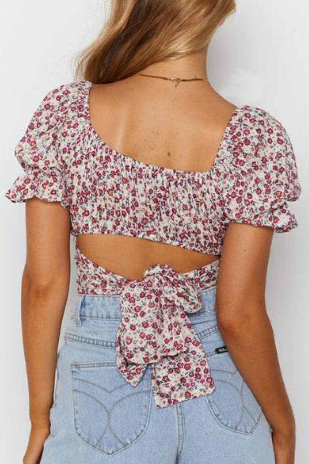 Flower Print Ruffle Trim Off-Shoulder Back Tie Blouse