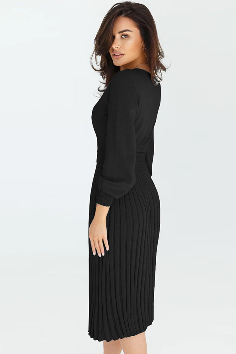 Round Neck Long Sleeve Pleated Sweater Dress