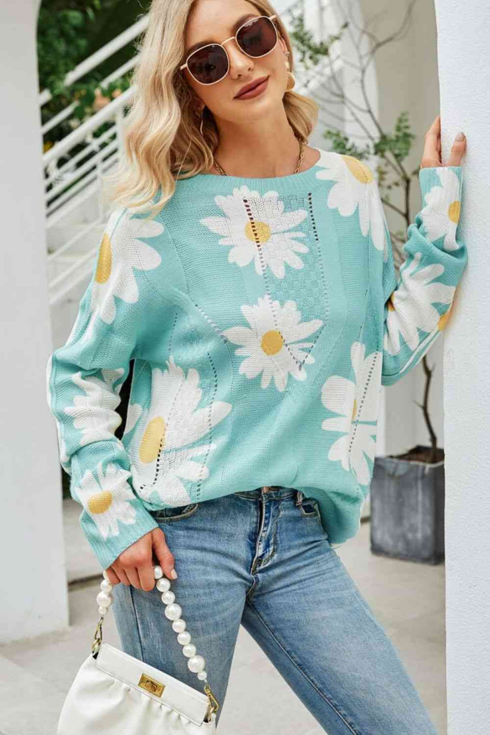 Daisy Print Openwork Round Neck Sweater