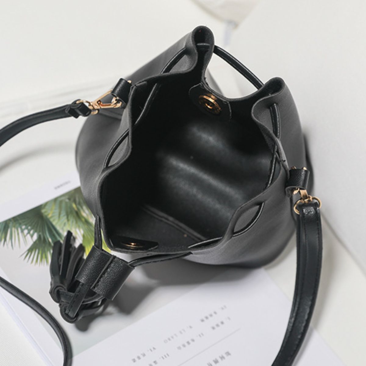 Vegan Leather Bucket Bag with Tassel