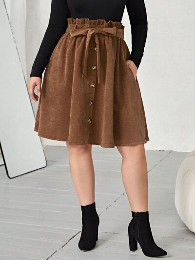 Plus Size Tied Decorative Button Paperbag Waist Skirt