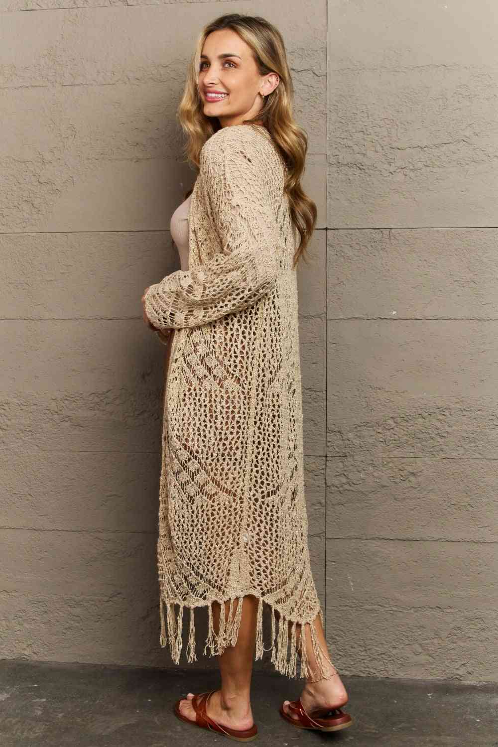 HEYSON Boho Chic Full Size Western Knit Fringe Cardigan