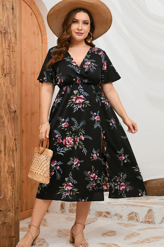 Plus Size Floral Short Sleeve Split Dress