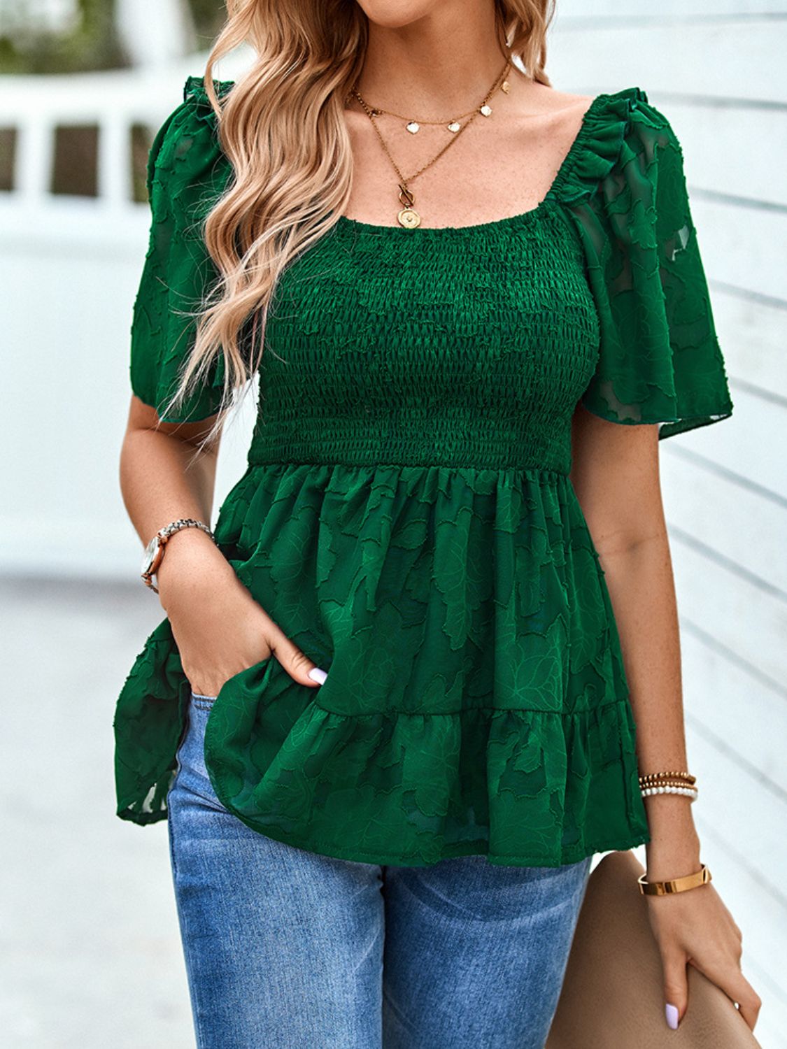 Smocked Square Neck Babydoll Blouse