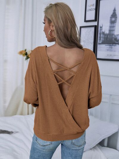 Waffle-Knit Crisscross Long Sleeve T-Shirt