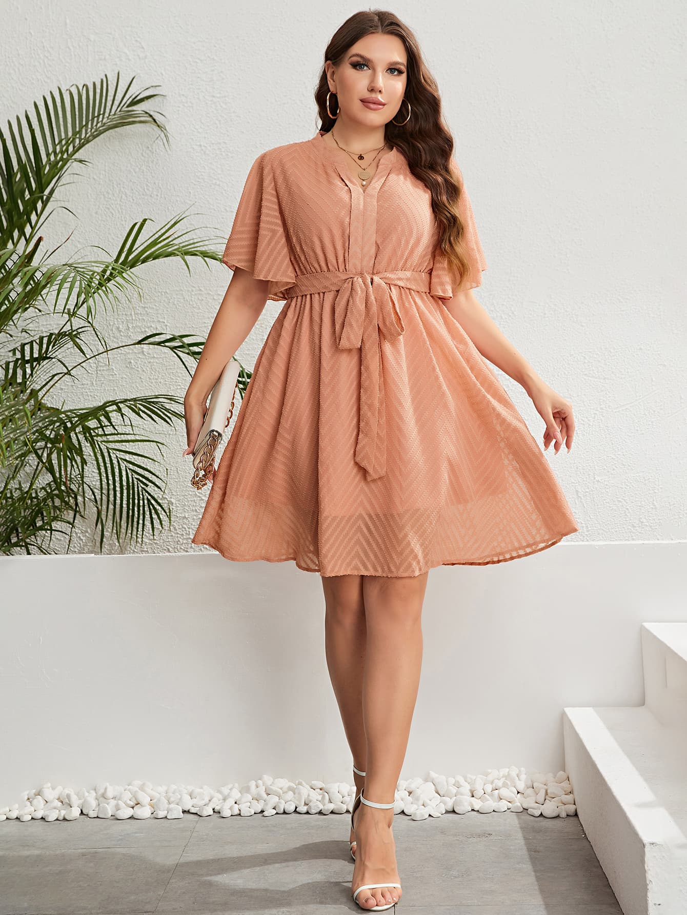 Plus Size Tie Waist Flutter Sleeve Dress