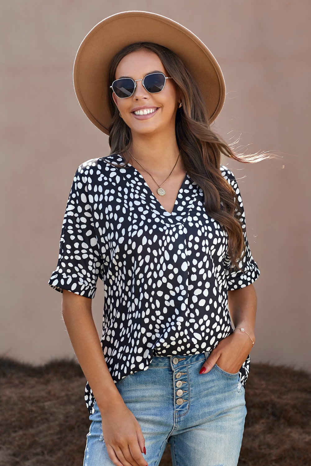 Printed V-Neck Cuffed Tunic Top