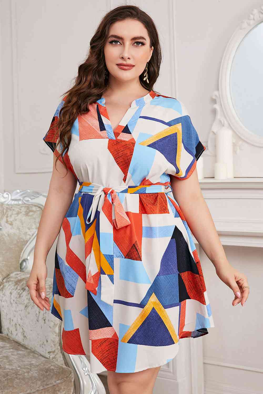 Plus Size Notched Neck Tie Waist Dress