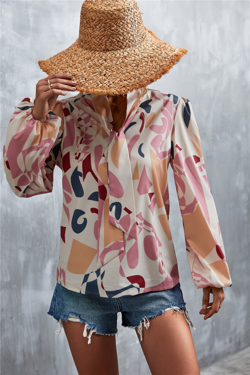 Printed Tie Neck Puff Sleeve Blouse