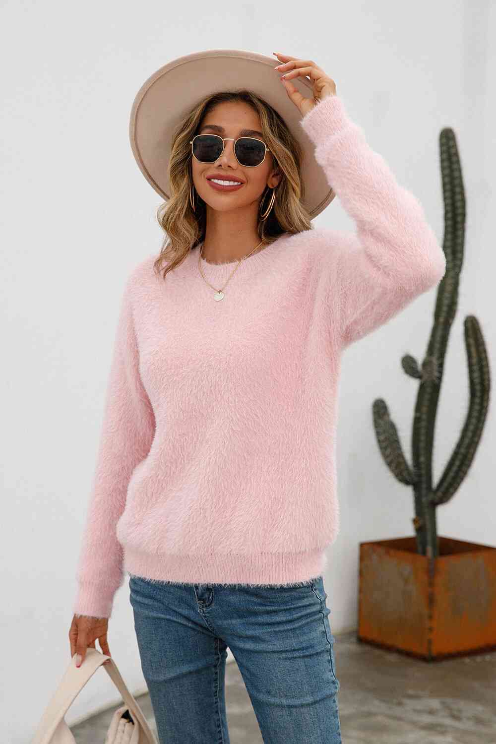 Dropped Shoulder Round Neck Fuzzy Sweater