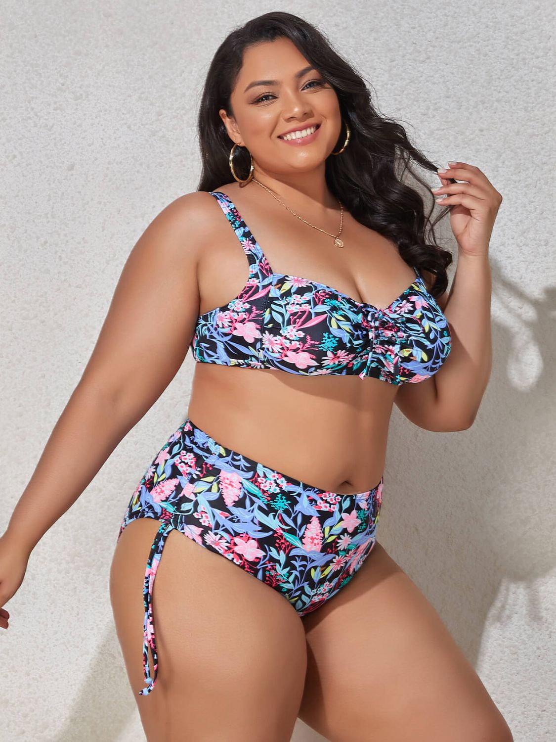 Plus Size Printed Drawstring Bikini Set