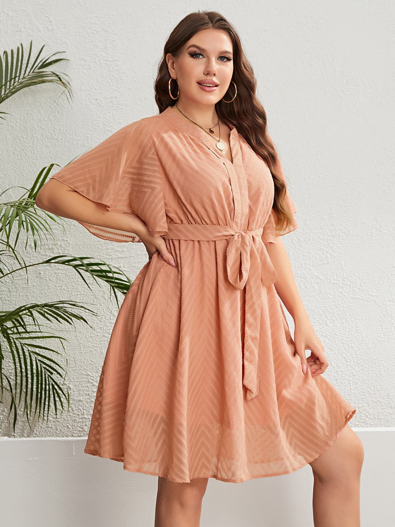 Plus Size Tie Waist Flutter Sleeve Dress