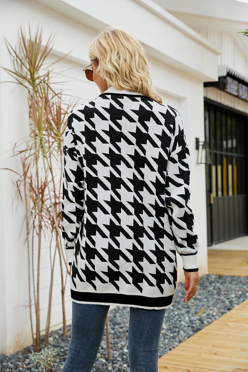 Houndstooth Open Front Longline Cardigan