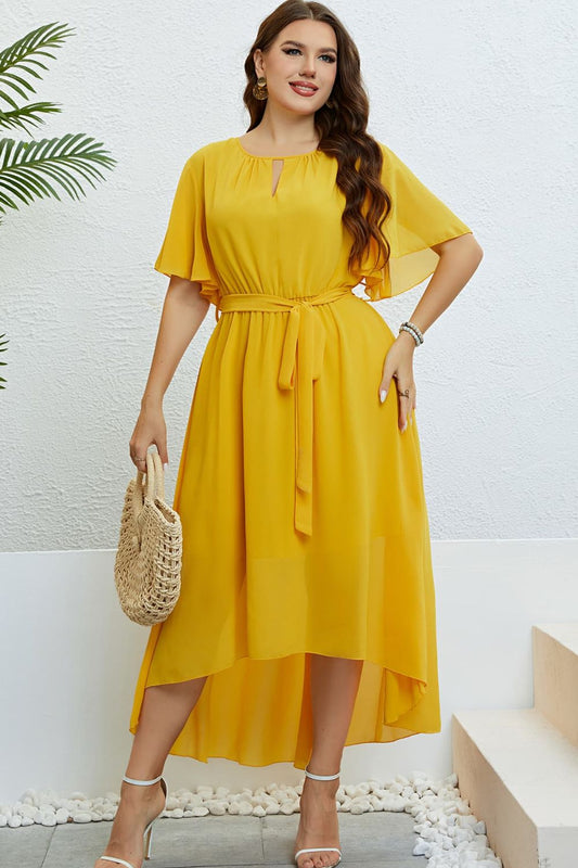 Belted Flutter Sleeve High-Low Dress