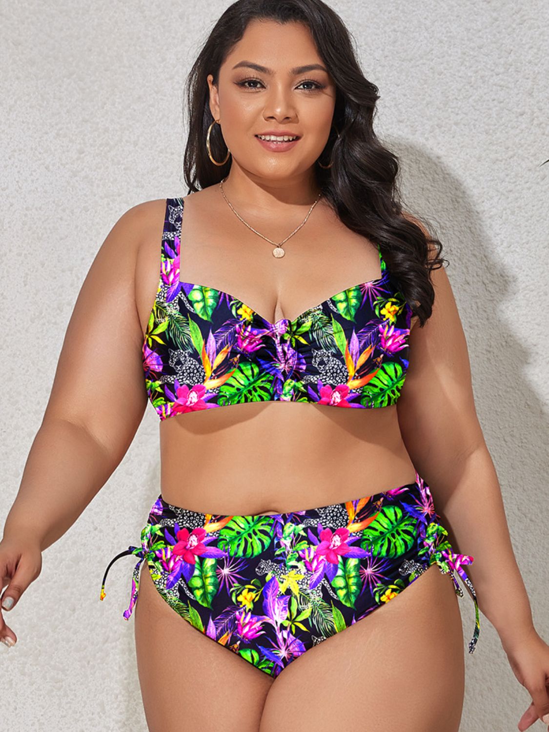 Plus Size Printed Drawstring Bikini Set