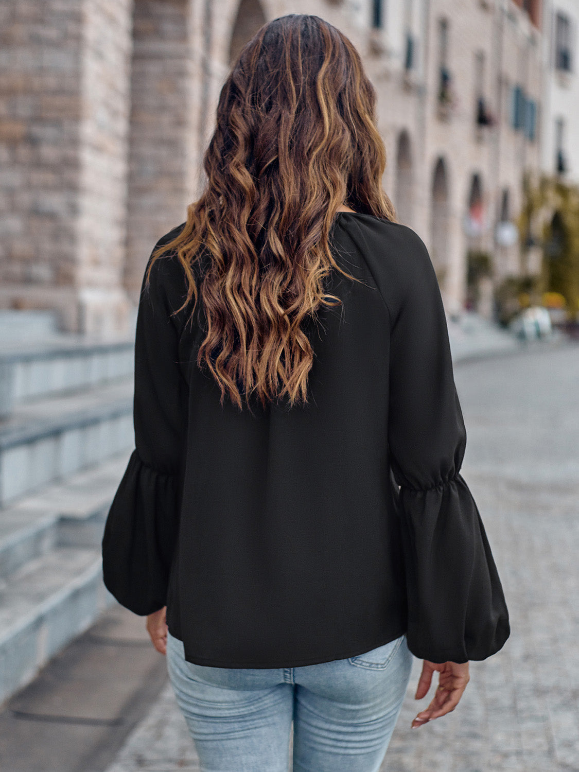 Notched Neck Long Sleeve Top