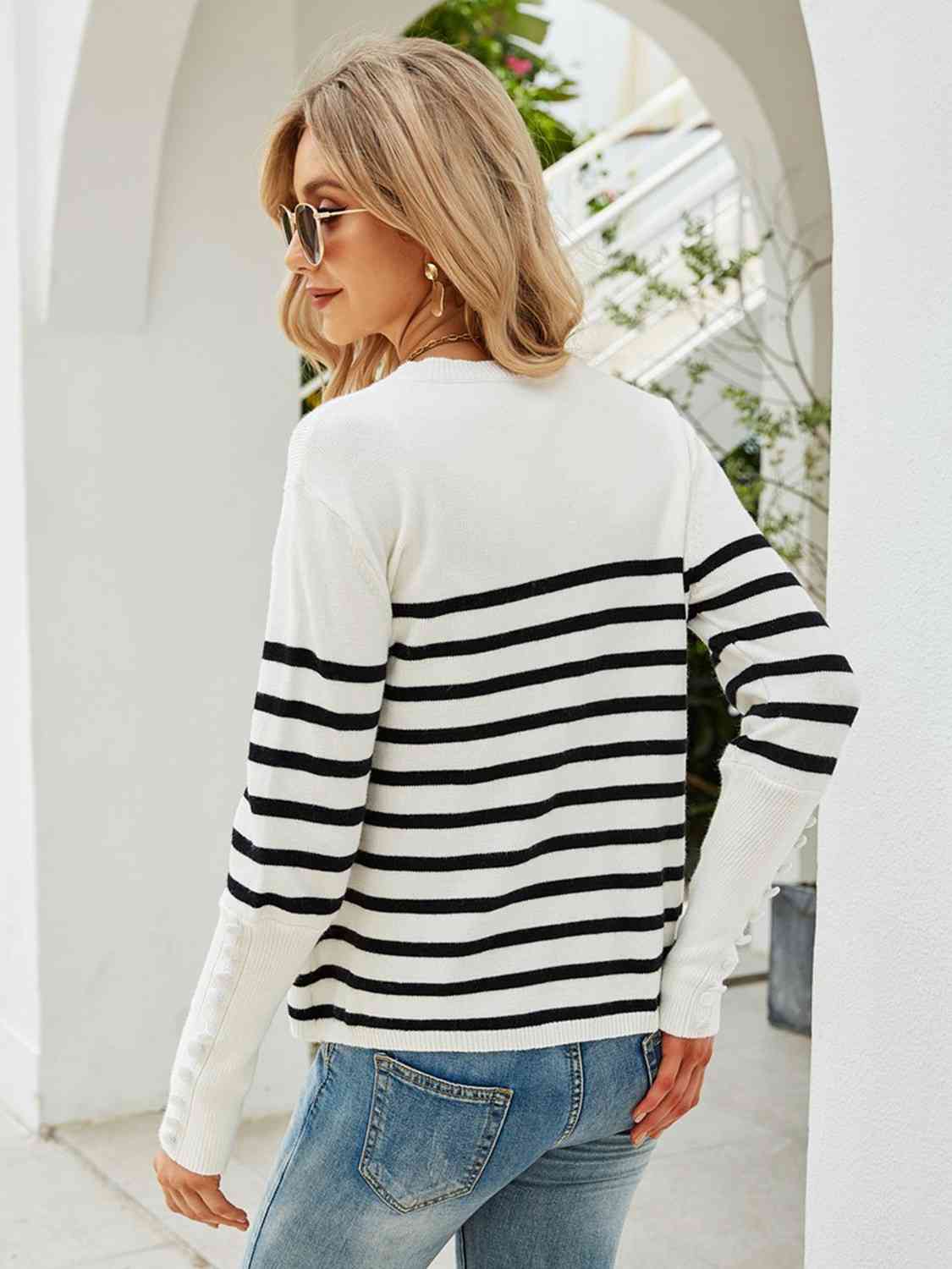 Striped Decorative Button Knit Top