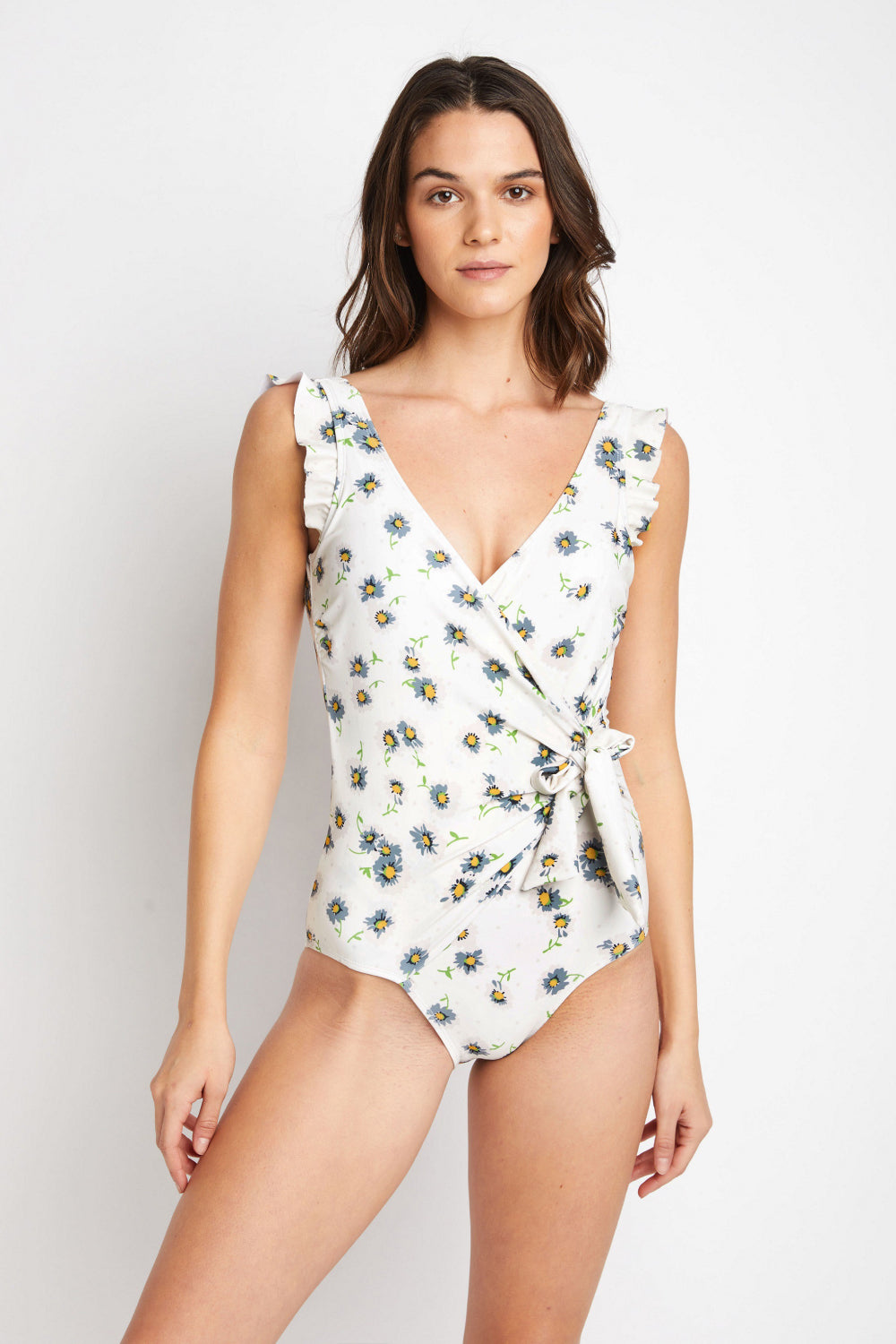 Marina West Swim Float On Ruffle Faux Wrap One-Piece in Daisy