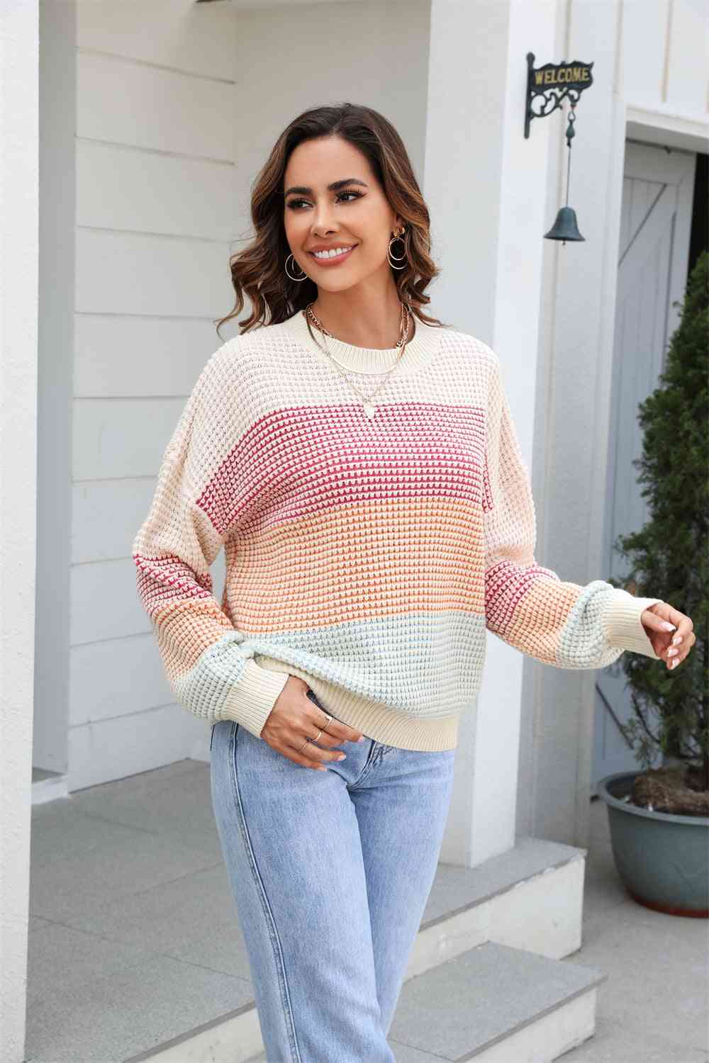 Waffle-Knit Round Neck Dropped Shoulder Color Block Sweater