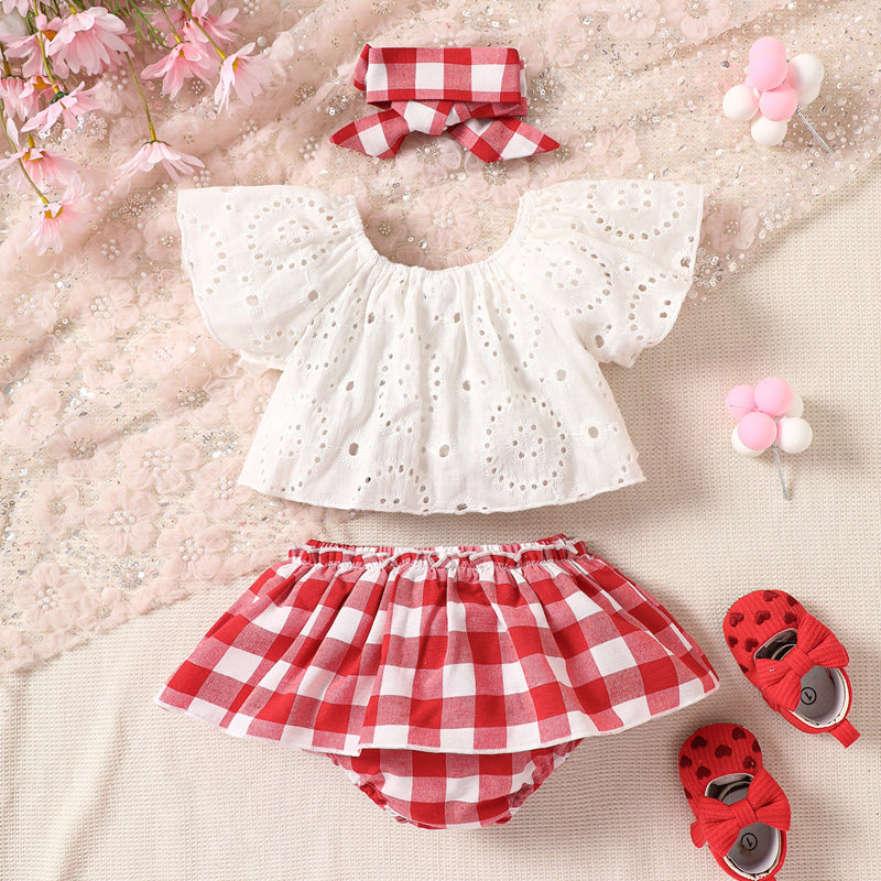 Eyelet Round Neck Top and Plaid Skort Set