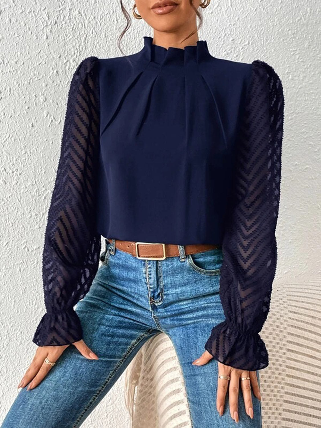 Mock Neck Flounce Sleeve Blouse