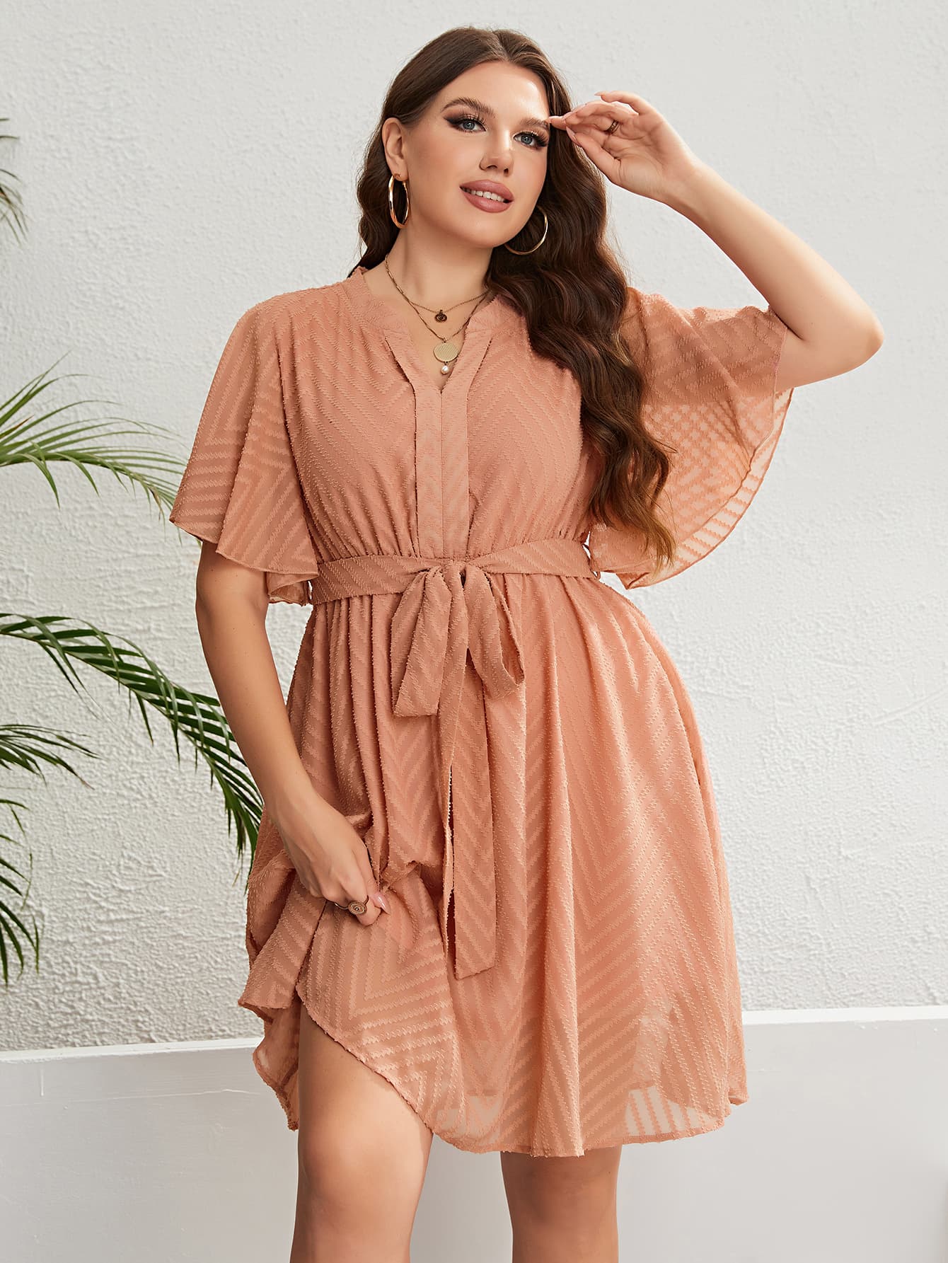 Plus Size Tie Waist Flutter Sleeve Dress