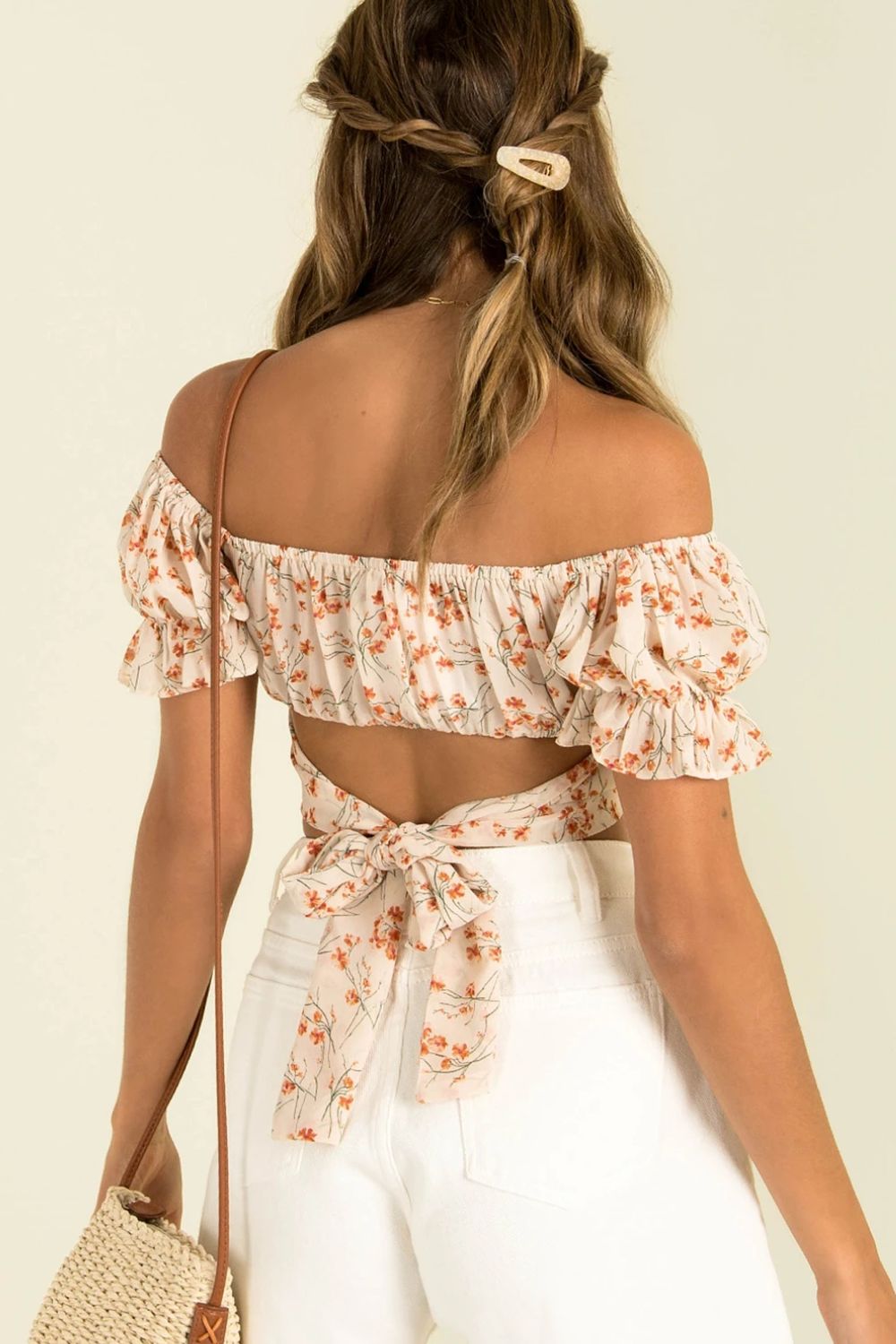 Flower Print Ruffle Trim Off-Shoulder Back Tie Blouse