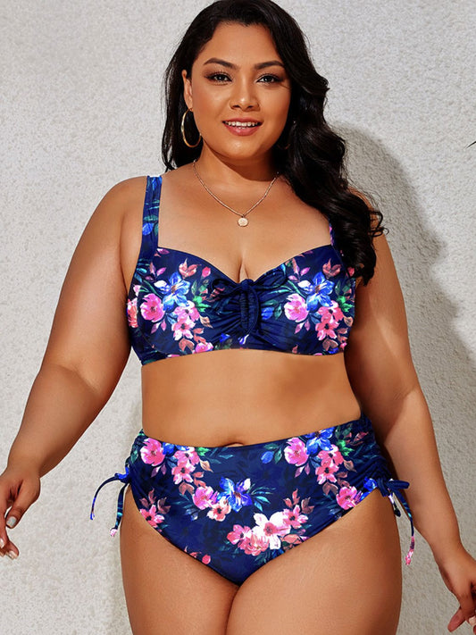 Plus Size Printed Drawstring Bikini Set