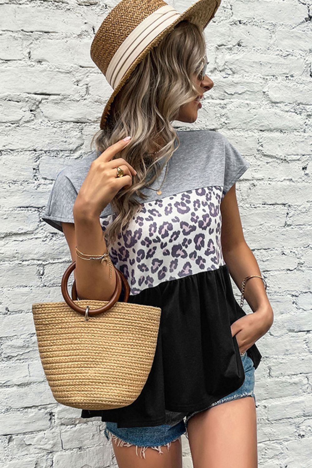 Leopard Color Block Babydoll Tee Shirt