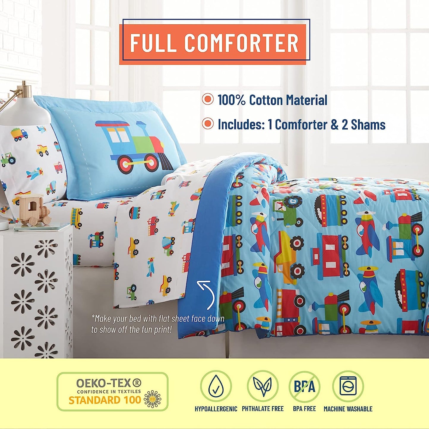 100% Cotton Kids Trains & Trucks Full Size Comforter Set  