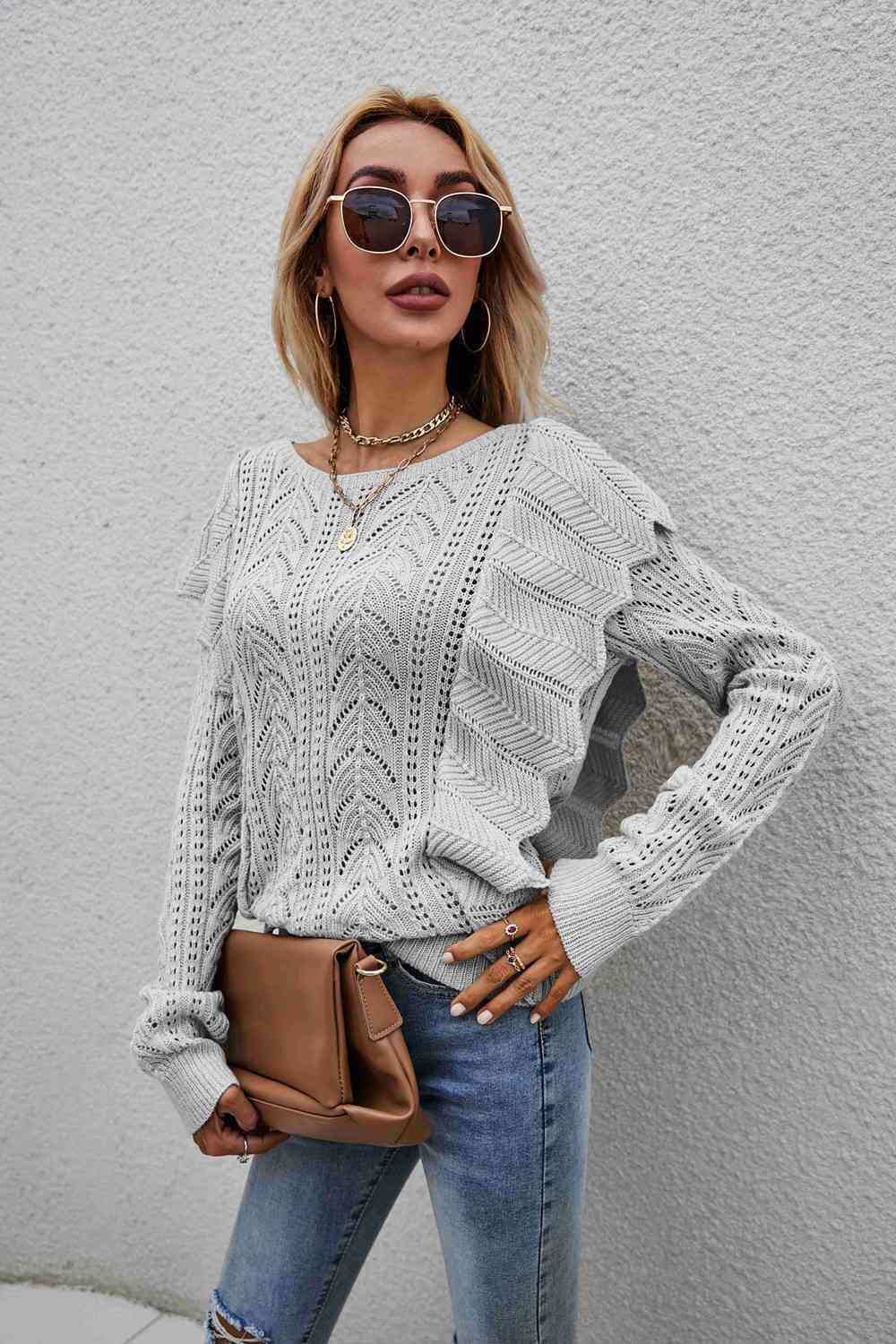 Openwork Round Neck Ruffled Sweater