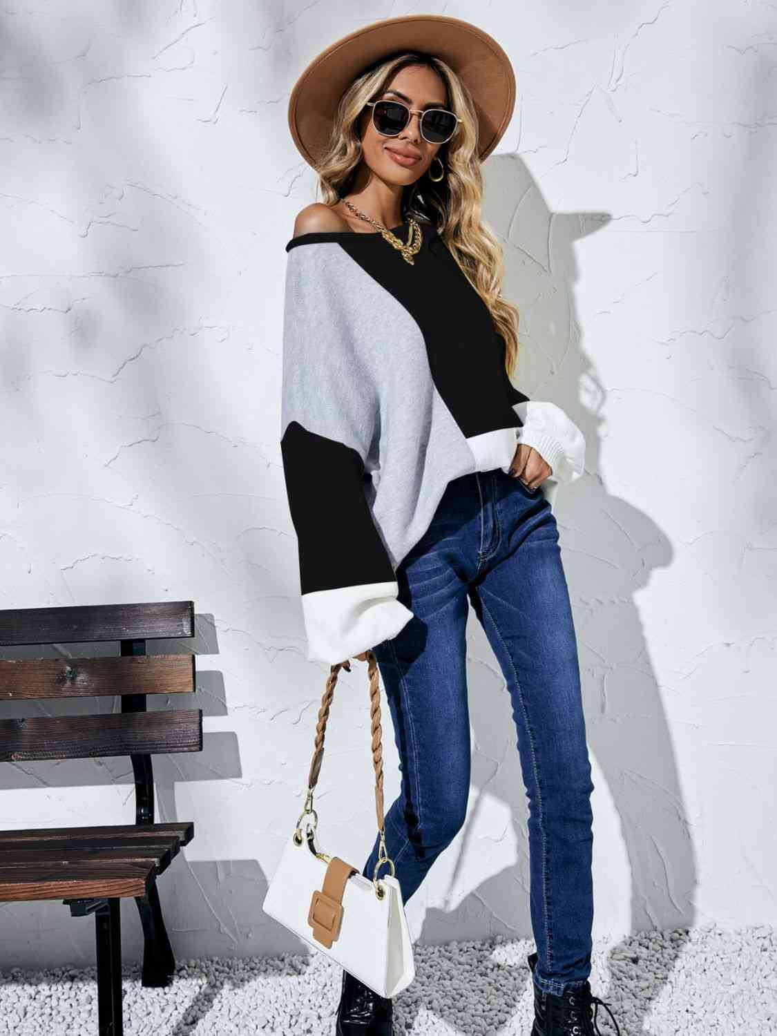 Color Block Balloon Sleeve Boat Neck Sweater