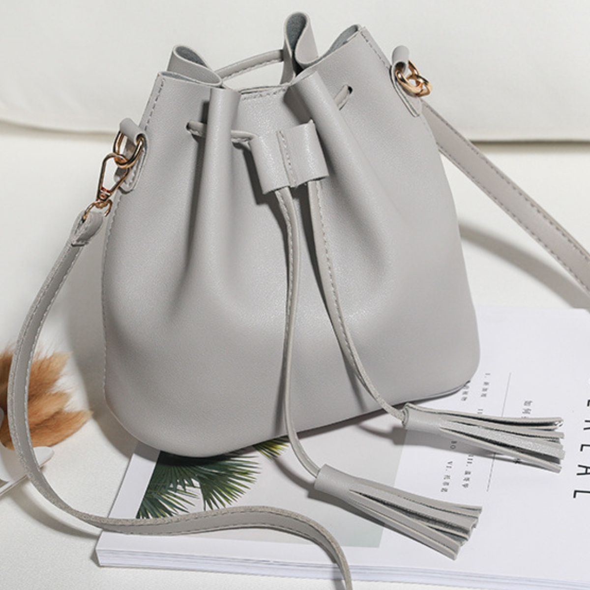 Vegan Leather Bucket Bag with Tassel